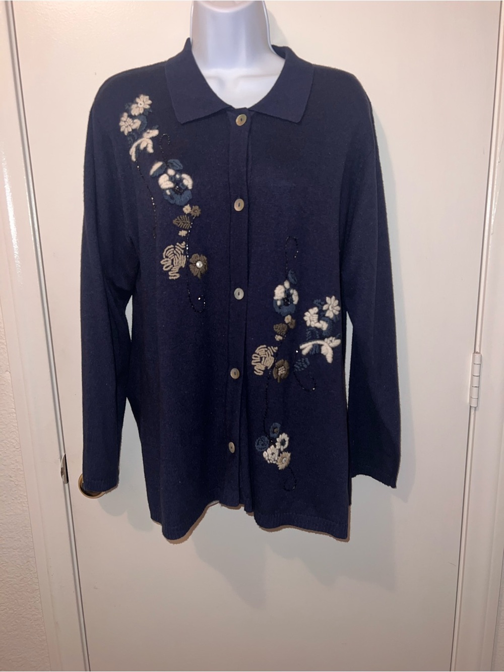 Silk and cashmere Embroidered Navy Button-Front Sweater Cardigan